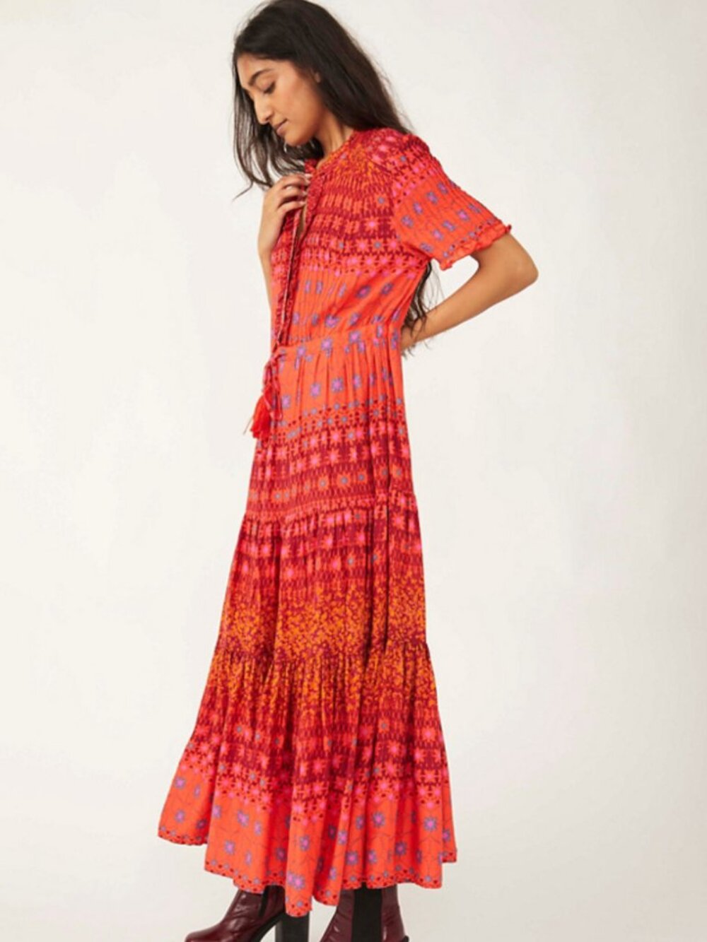 Free People RARE FEELING Orange & Pink Printed Maxi Dress EXTRA SMALL